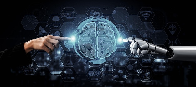 3D rendering artificial intelligence AI research of robot and cyborg development for future of people living Digital data mining and machine learning technology design for computer brain