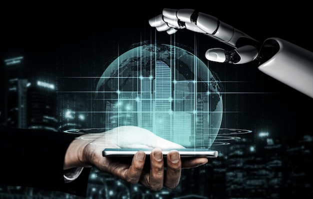3d rendering artificial intelligence ai research of robot and cyborg development for future of people living digital data mining and machine learning technology design for computer brain