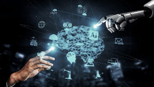 3D rendering artificial intelligence AI research of robot and cyborg development for future of people living Digital data mining and machine learning technology design for computer brain