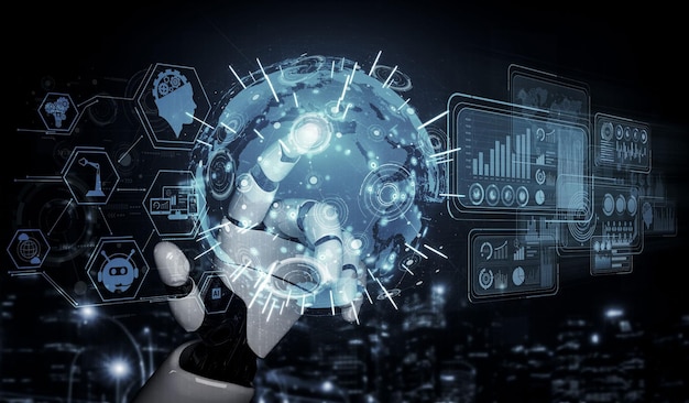 3D rendering artificial intelligence AI research of robot and cyborg development for future of people living Digital data mining and machine learning technology design for computer brain