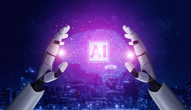 3D rendering artificial intelligence AI research of robot and cyborg development for future of people living