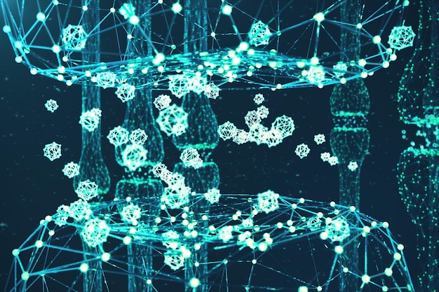 3D rendering blue glowing synapse. Artificial neuron in concept of artificial intelligence. Synaptic transmission lines of pulses.Abstract polygonal space low poly with connecting dots and lines.
