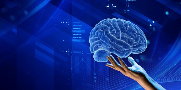 3d rendering Brain in hand with lights Edges and dots in the corners Blue background
