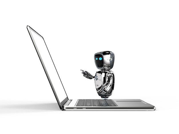 3d rendering cute artificial intelligenceÂ robot or assistant robot with computer notebook