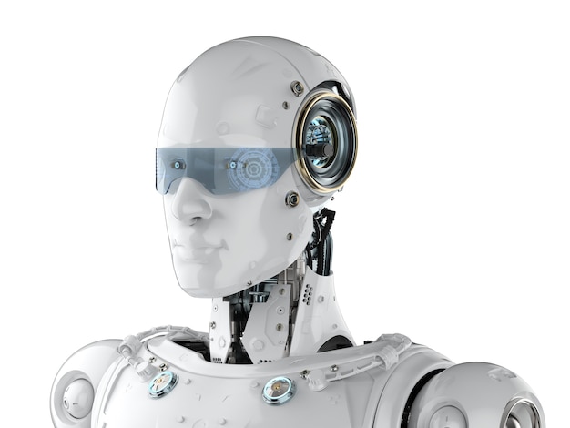 3d rendering cyborg with hud on eyeglasses