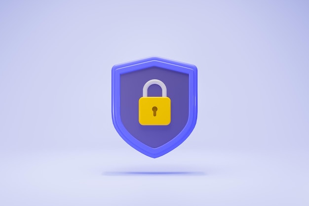 3D Rendering Data security concept. Protection, safety, password, shield icon pruple front