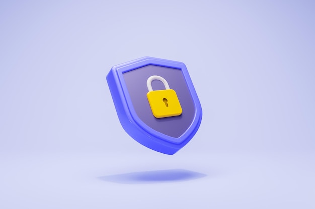 3D Rendering Data security concept. Protection, safety, password, shield icon pruple perspective