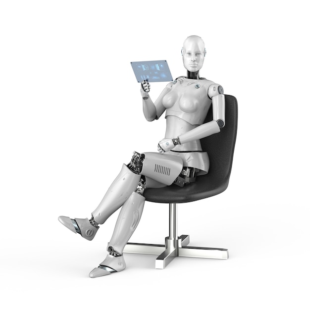 3d rendering female cyborg hold glass tablet with graphic display