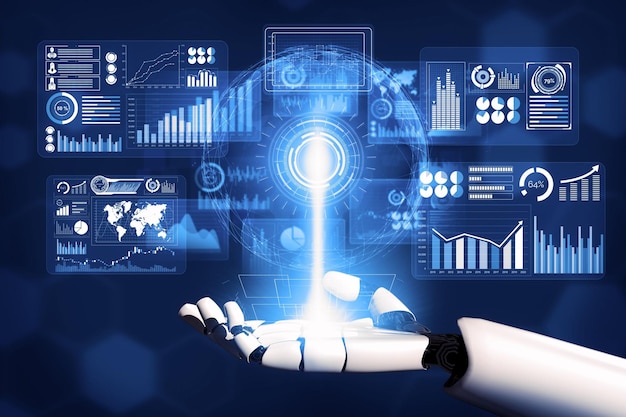 3D Rendering Futuristic robot technology development artificial intelligence AI and machine learning concept Global robotic bionic science research for future human life 3D illustration