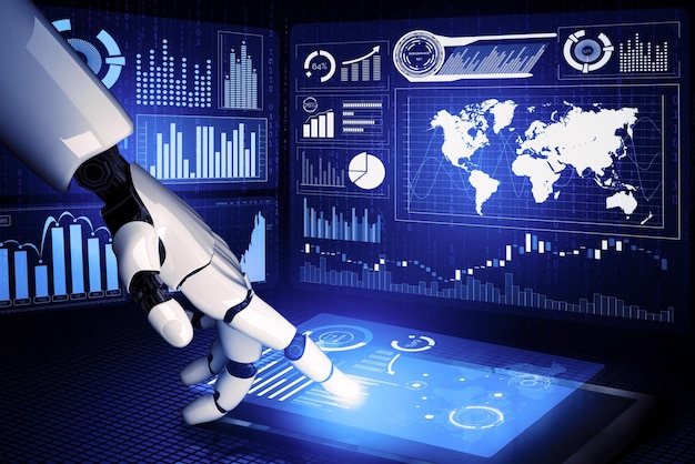 3D Rendering Futuristic robot technology development artificial intelligence AI and machine learning concept Global robotic bionic science research for future human life 3D illustration