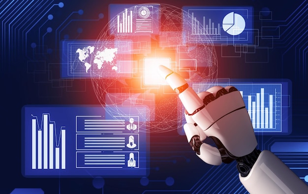 3D Rendering Futuristic robot technology development artificial intelligence AI and machine learning concept Global robotic bionic science research for future human life 3D illustration