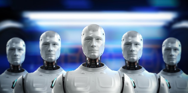 3d rendering group of artificial intelligence robots or cyborgs