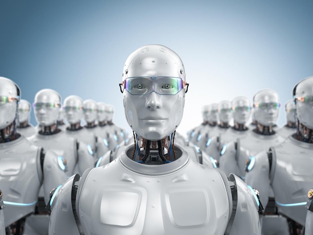 3d rendering group of artificial intelligence robots or cyborgs