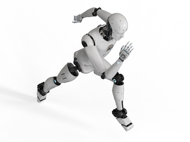 3d rendering humanoid robot running on white background