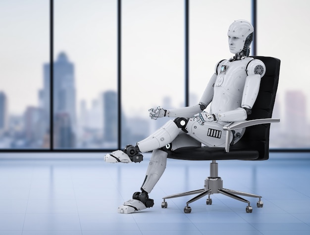 3d rendering humanoid robot sit on office chair