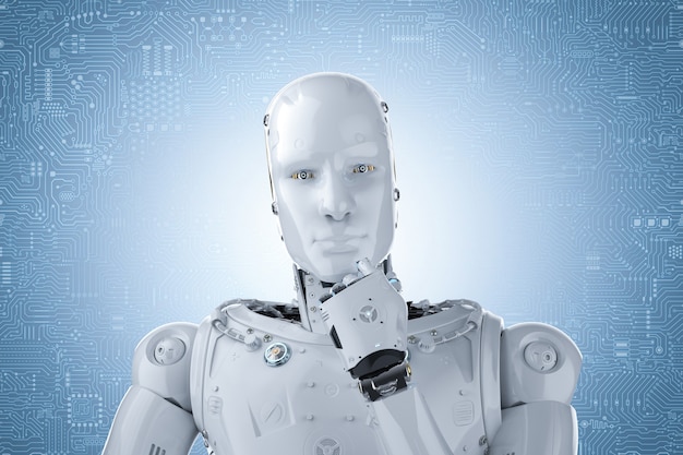 3d rendering humanoid robot thinking on blue circuit background