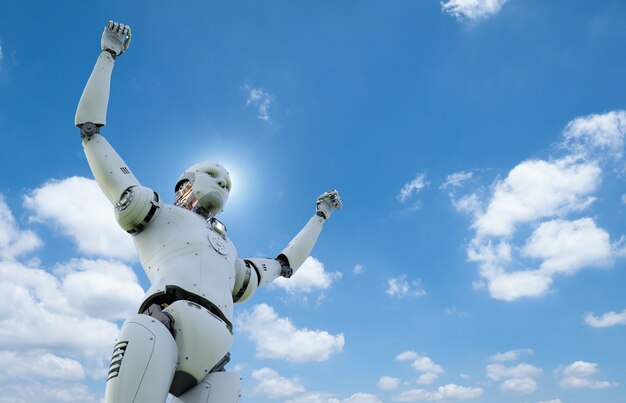 3d rendering humanoid robot with hands up to sky