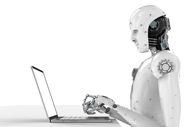 3d rendering humanoid robot working on laptop computer
