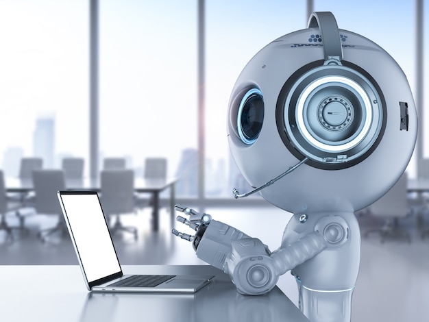 3d rendering mini robot working with headset and notebook