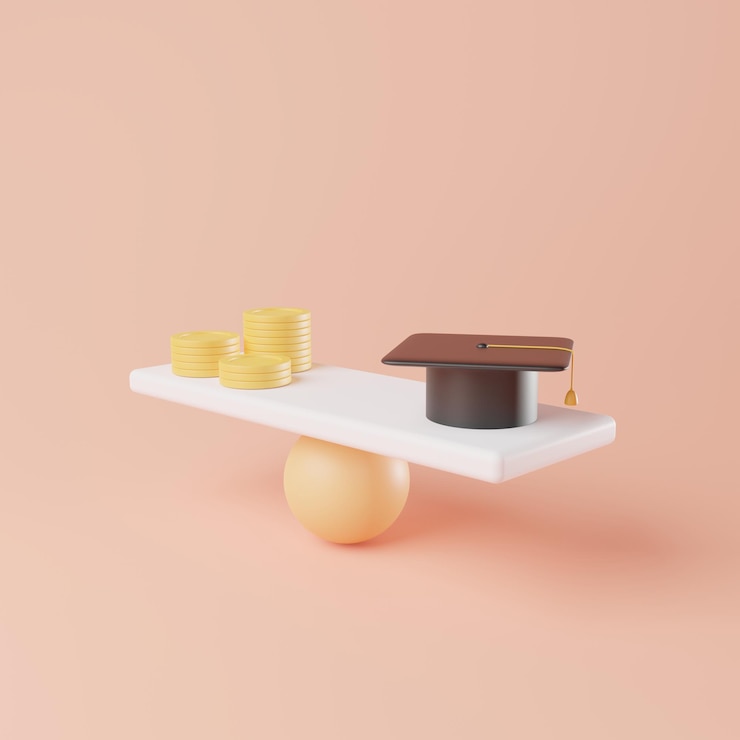 Photo 3d rendering money and education graduation cap on the scale in the same level invest in education knowledge is money concept