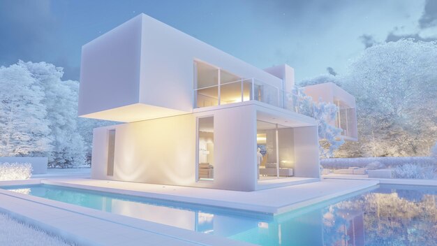 3d rendering of a big contemporary villa with impressive garden and pool  with a frozen effect