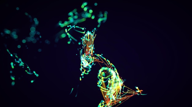 3D rendering of a colorful abstract stylish particle and plexus system on a dark background