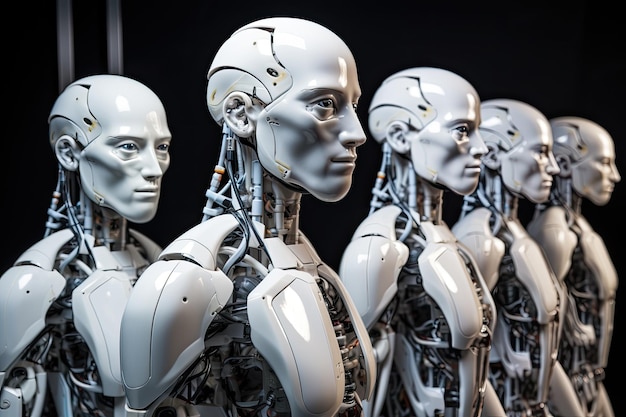 3d rendering of a group of robots in front of a black background humanoid robots operating in harmony with each embodying a unique and powerful personality AI Generated
