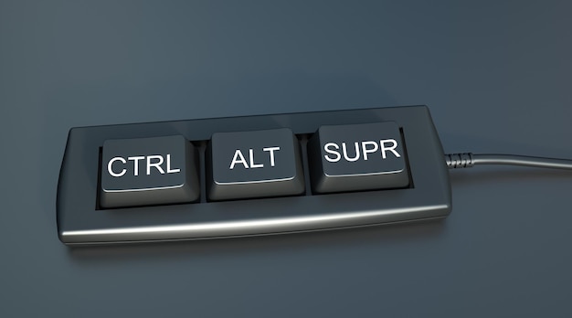 3D rendering of a keyboard with the keys control, alt and supr, which is delete in Spanish and French keyboards