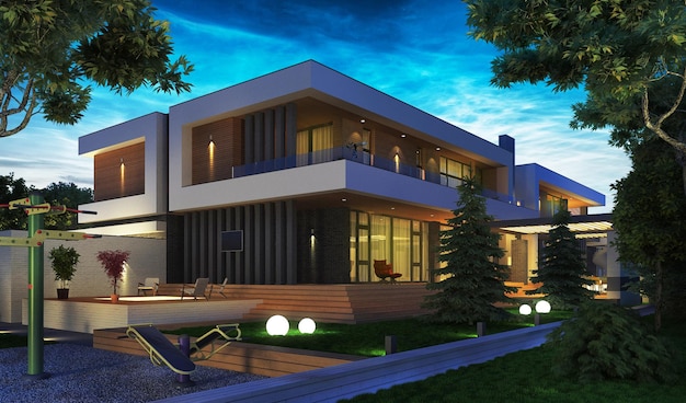 3D rendering of a large house with a flat roof. House concept