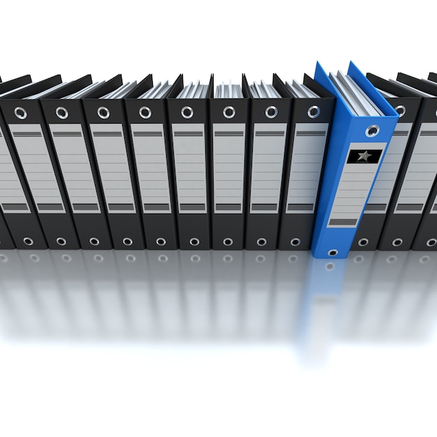 3D rendering of a line of office ring binders with one sticking out