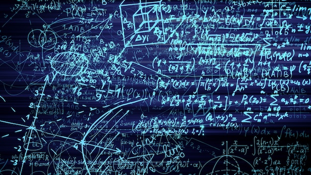 3d rendering of abstract blocks of mathematical formulas located in the virtual space