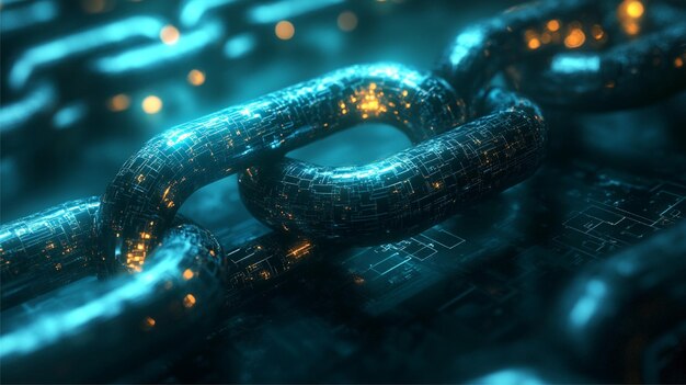 3d rendering of abstract chain links on a dark background with binary code