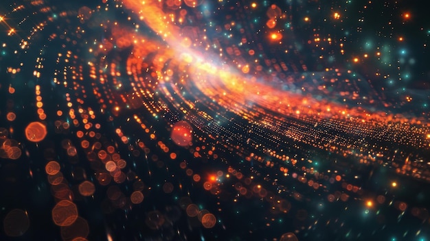 3d rendering of abstract particles form line and surface grid with depth of field and bokeh