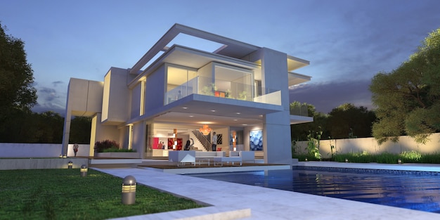 3d rendering of an upscale modern  mansion with pool