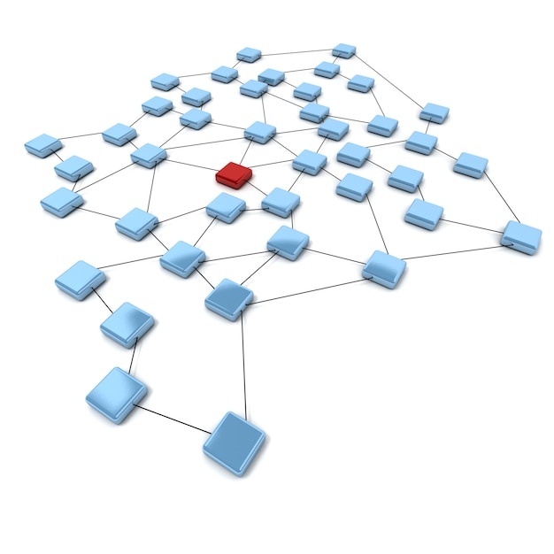 3D rendering of blue squares and a red one connected by black lines