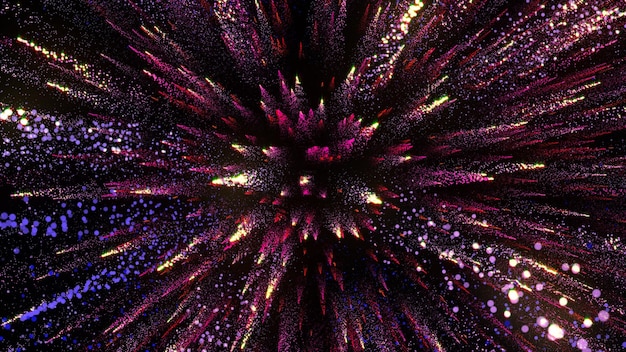 3D rendering of bright multicolored particles fill the space with jets of energy and light