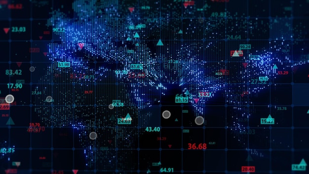 3d rendering of stock market data on digital earth map background