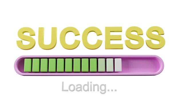 3D rendering of Success wording and loading bar icon on white background