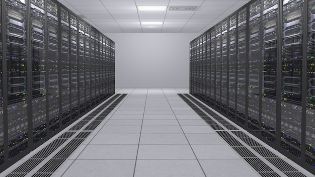 3D rendering of the server room with working computers of data servers with flashing LEDs