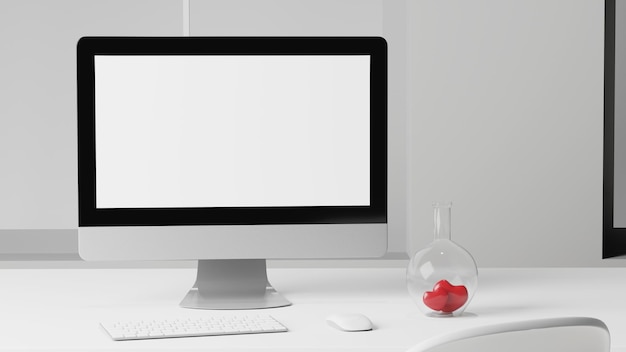 3d rendering office desk with computer stationery and office supplies in blurred background