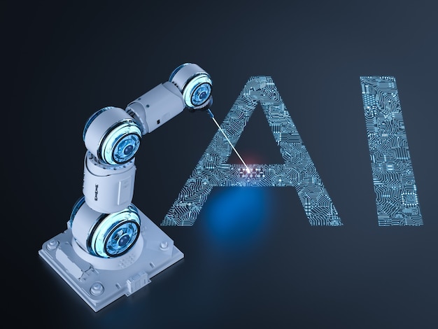 3d rendering robot arm with ai text in circuit pattern