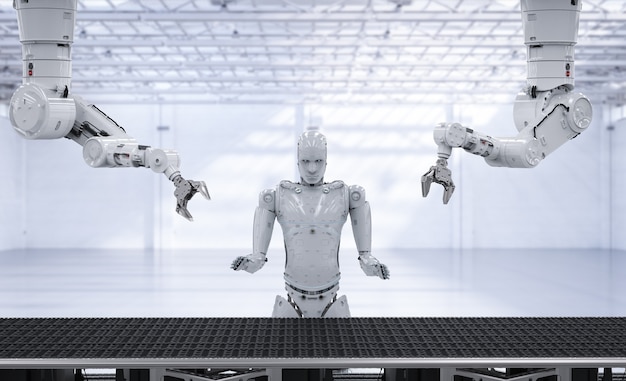 3d rendering robot arms with cyborg and conveyor line in factory