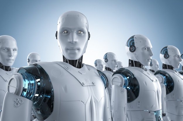 3d rendering robot assembly or group of cyborgs