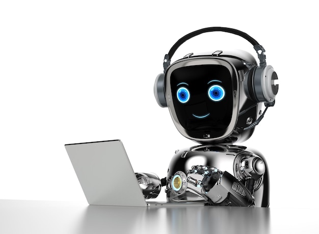 3d rendering robot assistant work with computer notebook