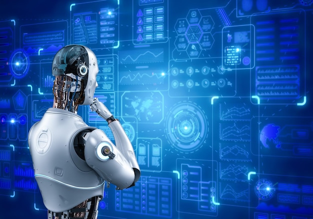 3d rendering robot thinking or analyzing with graphic display