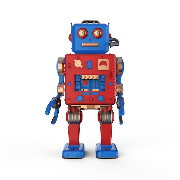 3d rendering robot tin toy with headset on white background