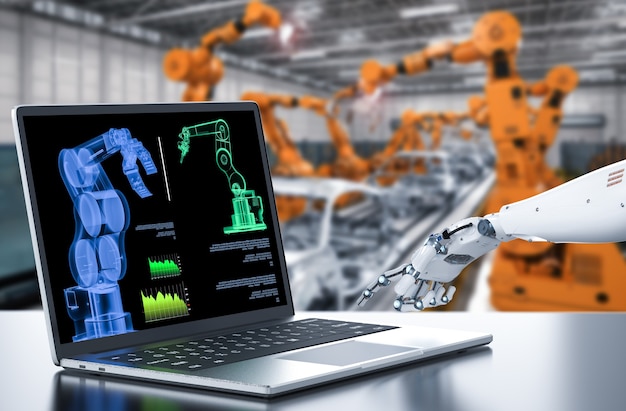 3d rendering robot working with computer in factory