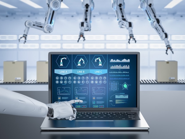 3d rendering robot working with notebook computer in factory