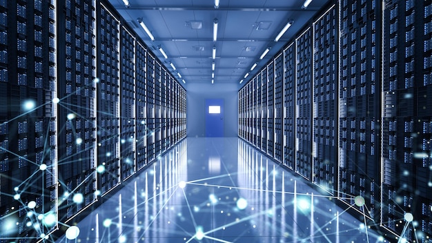 3d rendering server room interior or data center with connection structure