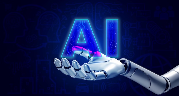 3d robot hand holding virtual ai text with working development icons on blue digital network background ai robotic artificial intelligence with iot lifestyle business and technology concepts